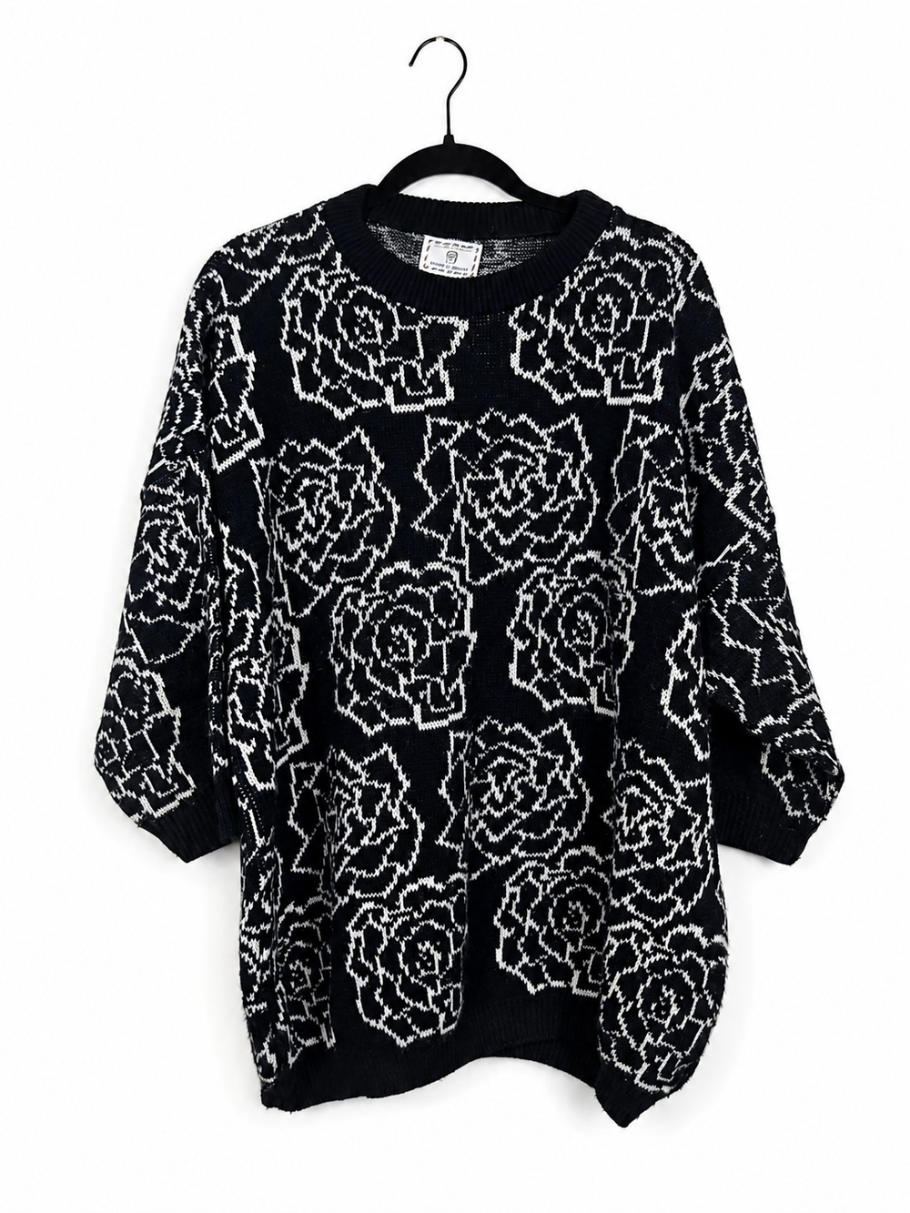 Vintage 90s Rose Floral Sweater Black White Cottagecore Oversized Large